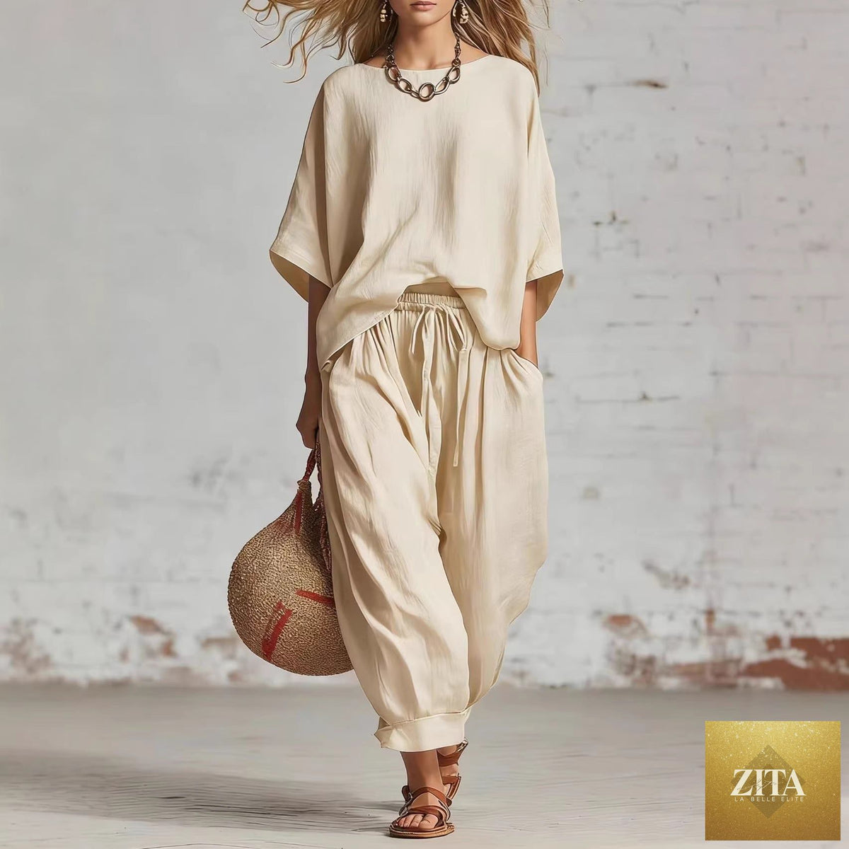 Women's solid color casual set by Zita La Belle Elite featuring a loose T-shirt and ankle pants, perfect for comfortable everyday wear.