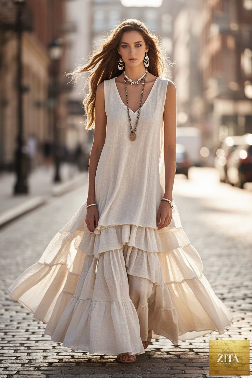 Loose umbrella skirt sleeveless maxi dress by FitiqueFit in cotton-linen style, featuring a flowy, relaxed fit and elegant design.