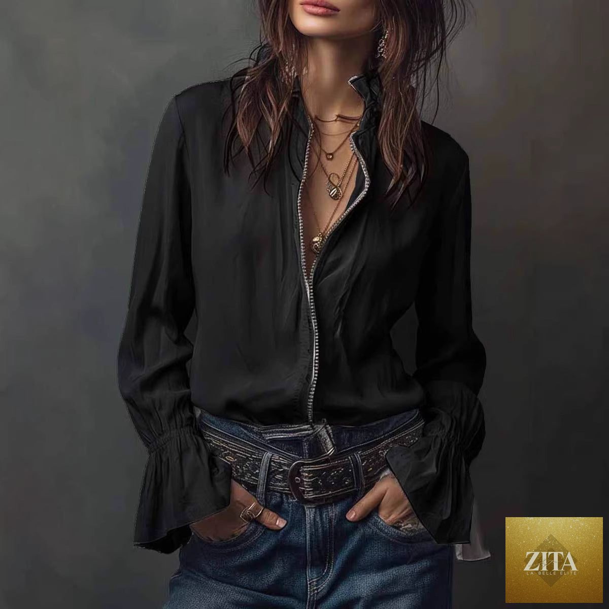 Women's FitiqueFit ruffled sleeve resort shirt, casual long blouse with stretch fabric and relaxed fit, perfect for summer wear.