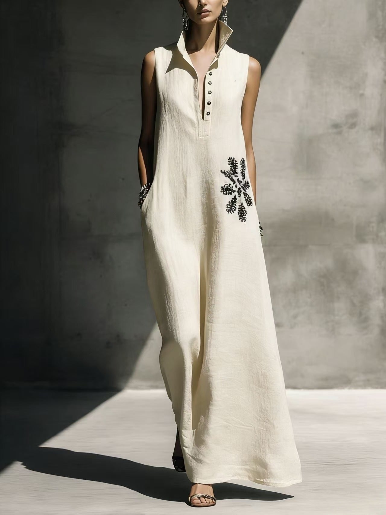 Women's cotton linen maxi dress with mandarin collar, graphic print, and pockets from FitiqueFit, casualwear for comfortable style.