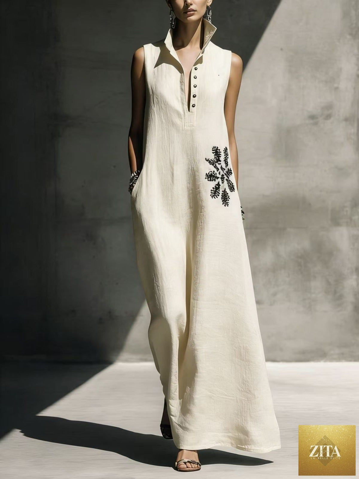 Women's cotton linen maxi dress with mandarin collar, graphic print, and pockets from FitiqueFit, casualwear for comfortable style.