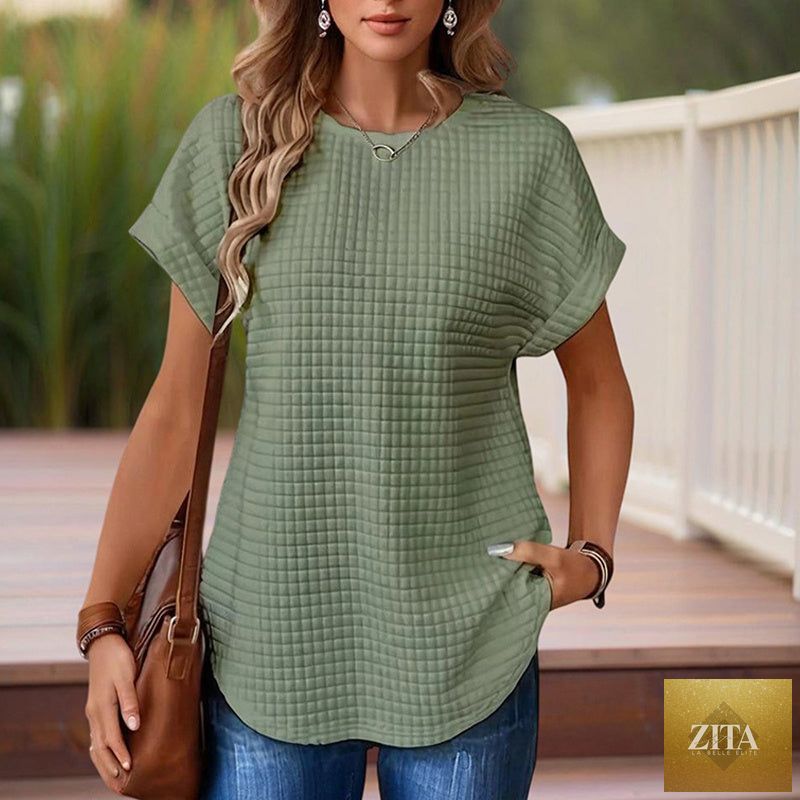 Women’s textured cuff short-sleeve tee by FitiqueFit, casualwear with a soft fabric texture and stylish cuff details.