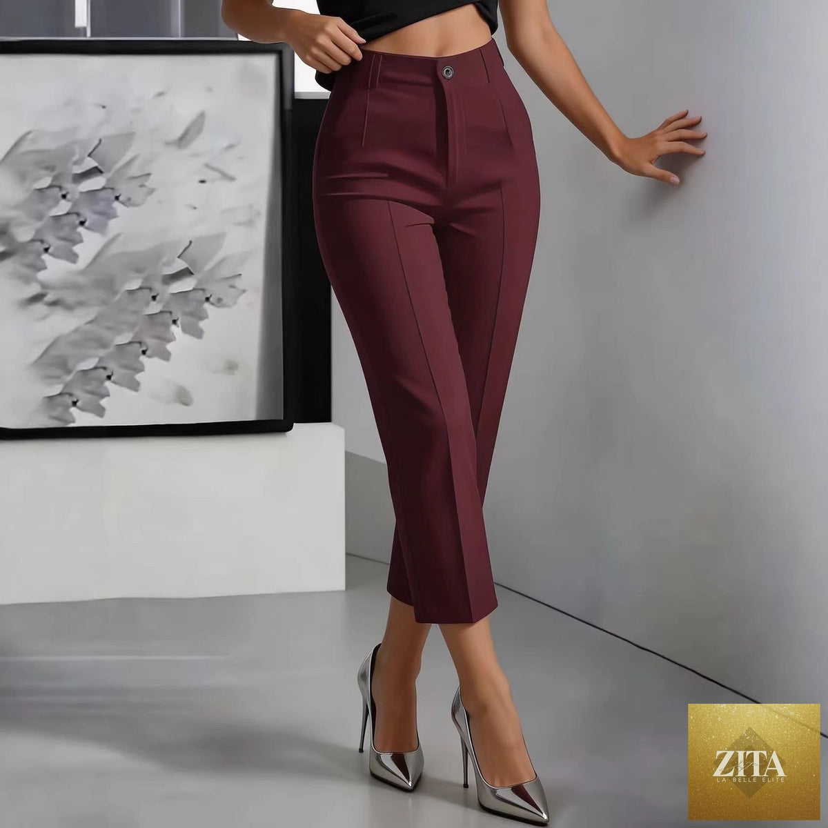 Women's high-waisted straight-leg casual pants by Zita La Belle Elite, featuring a drapey cropped fit and relaxed style.
