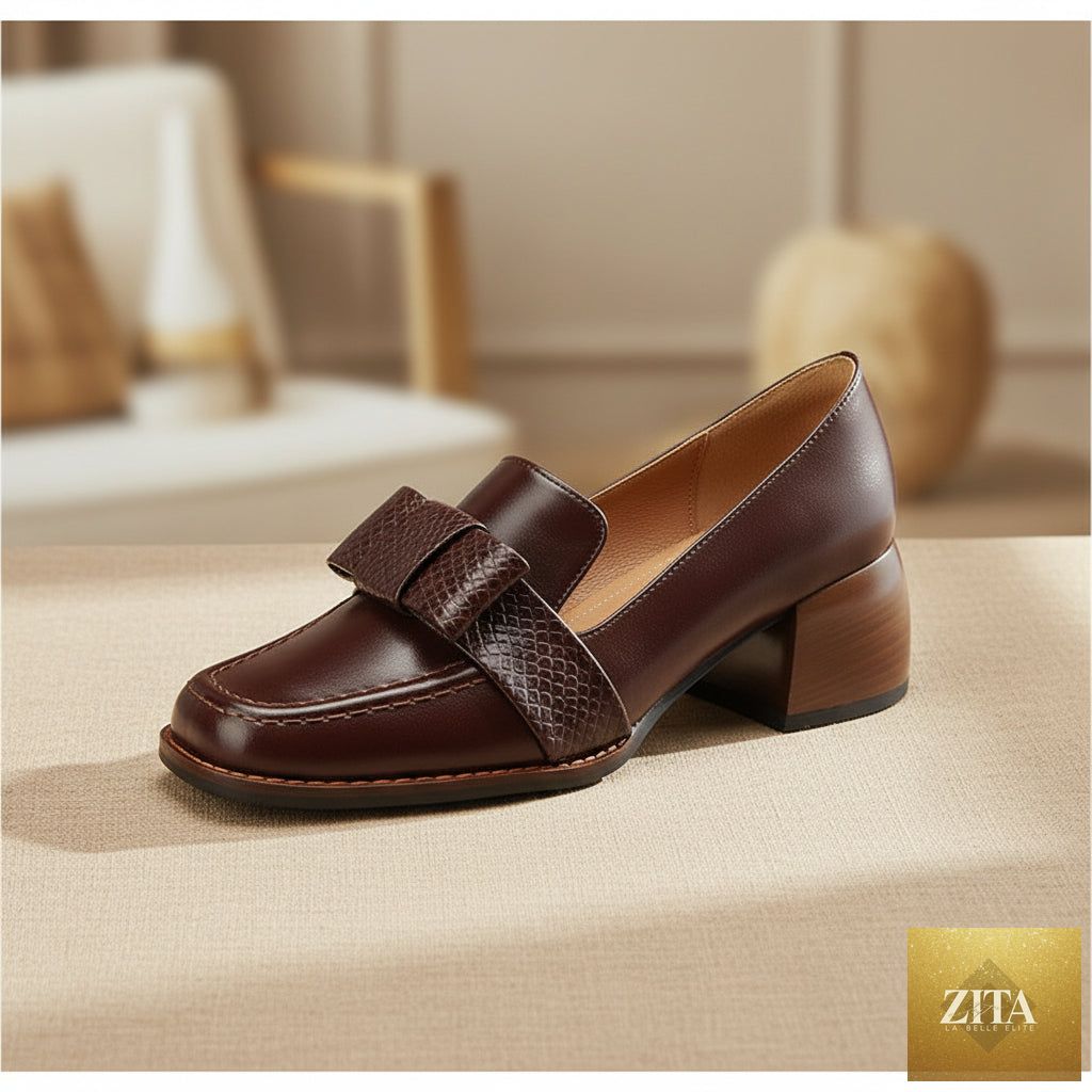 Women's cowhide square toe chunky heel pumps with floral detail by FitiqueFit, stylish commuter footwear for women.