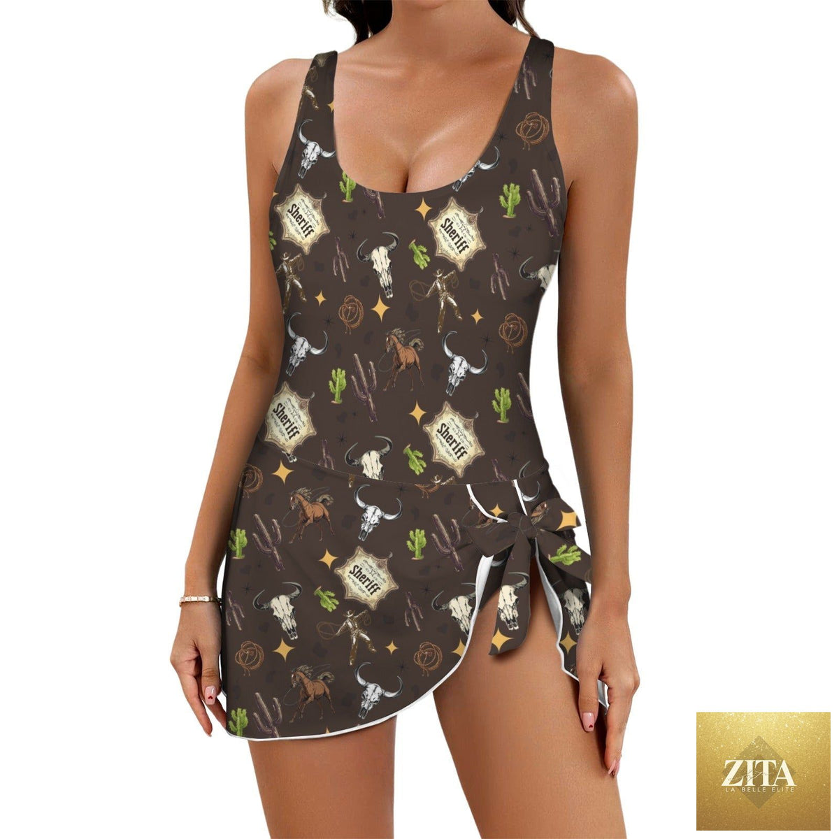 Baha Ranch Western Wear Get Western skirted swimsuit, one-piece suit with Western-inspired design and floral pattern, front view.