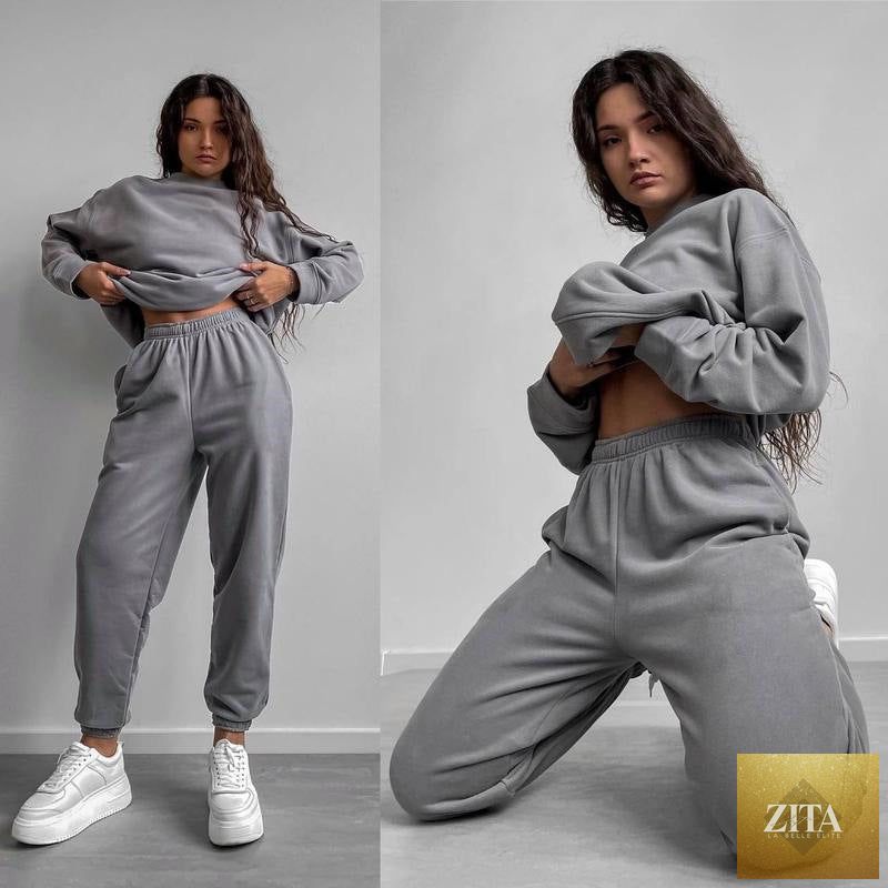 Zita La Belle Elite women's loose fit crewneck sweatshirt and jogger pants two-piece set, soft and comfortable for casual wear.
