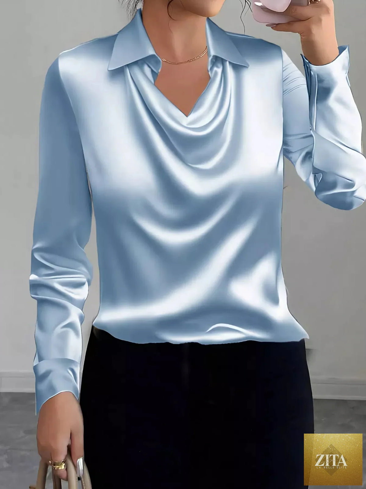Zita La Belle Elite satin long sleeve blouse with a collared neck, shown in a sleek, smooth fabric with a classic fit.