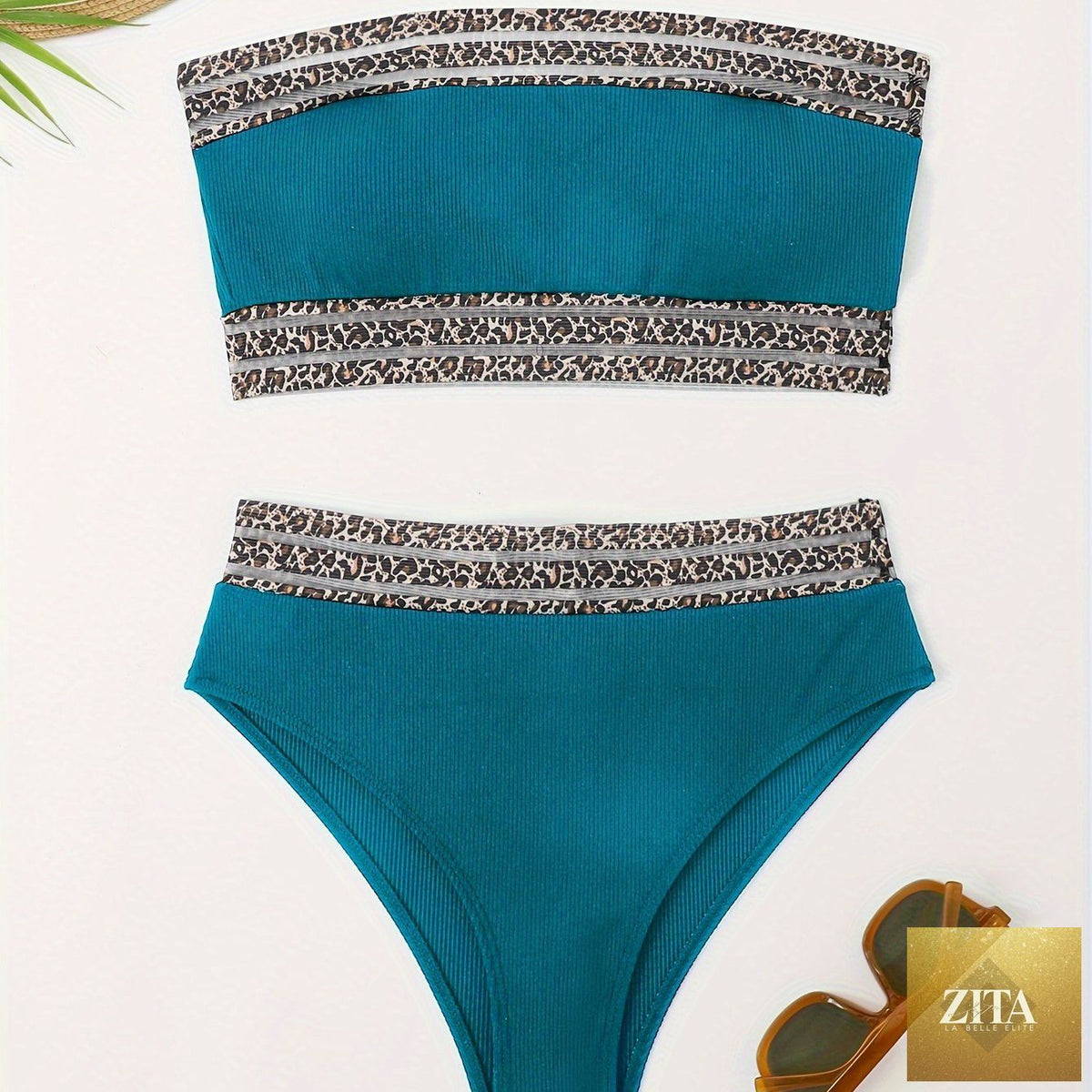 Stevvex leopard print bikini set with high waist bandeau top, mesh detail, perfect for beach and poolside summer vacations.
