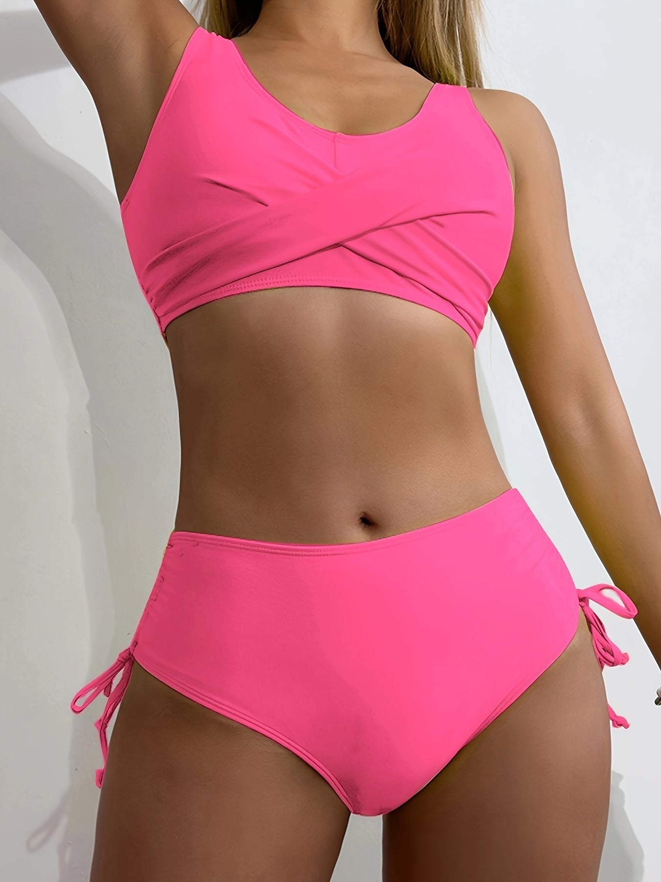 Stevvex bikini set with twist front V-neck top and high-waist bottoms, stretchy tie-back swimsuit with drawstring for beach and pool days.