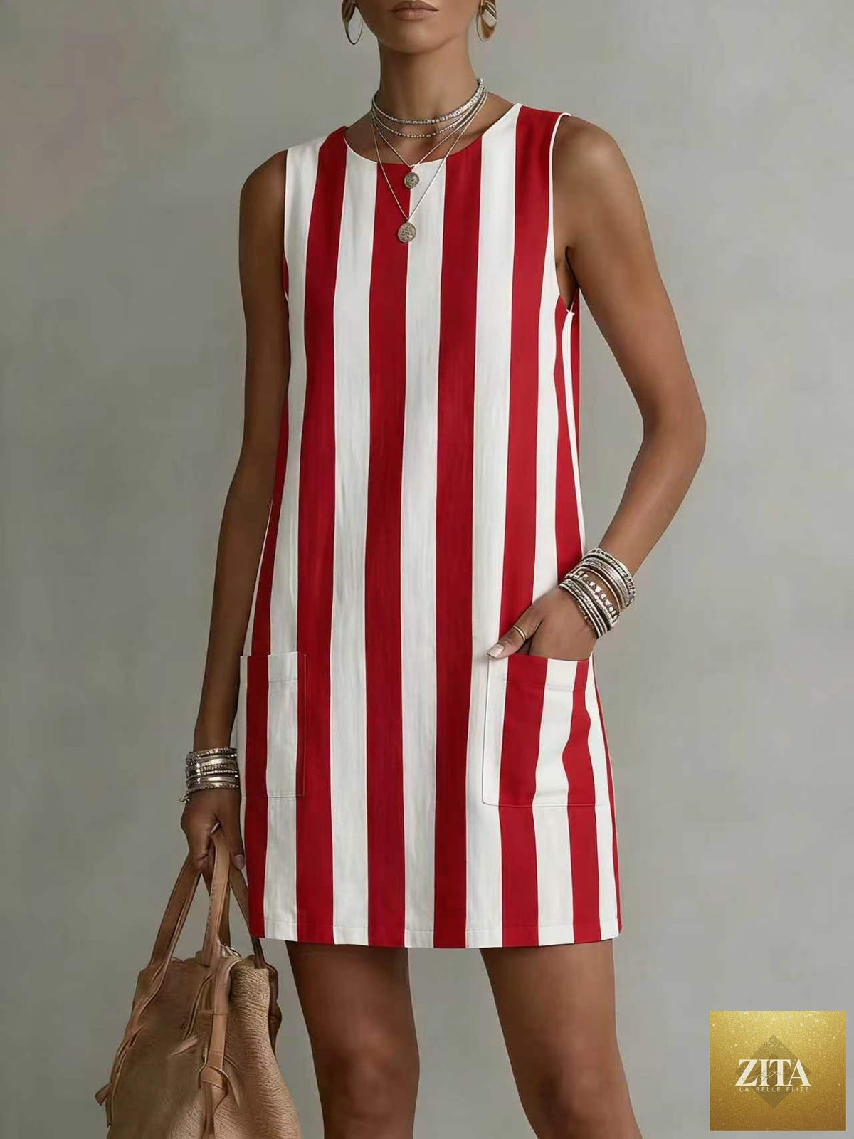 Women's striped color-block sleeveless mini dress by FitiqueFit, casual loose fit dress with vibrant stripes and a stylish sleeveless design.