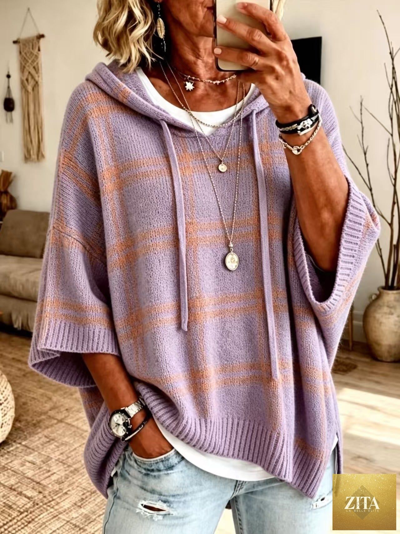 Plaid Knit Hooded Batwing Sweater