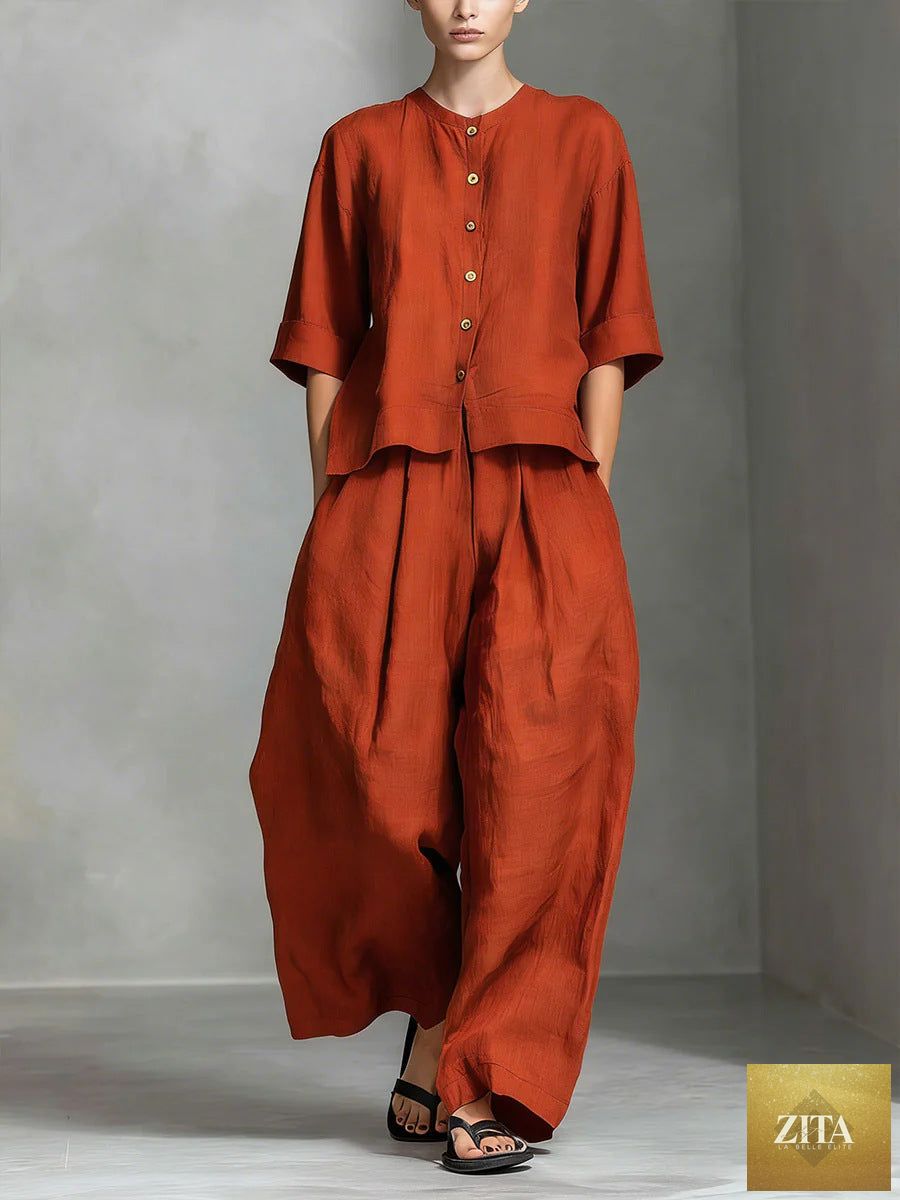 FitiqueFit three-quarter sleeve shirt and loose trousers two-piece set, casual and comfortable clothing for women.