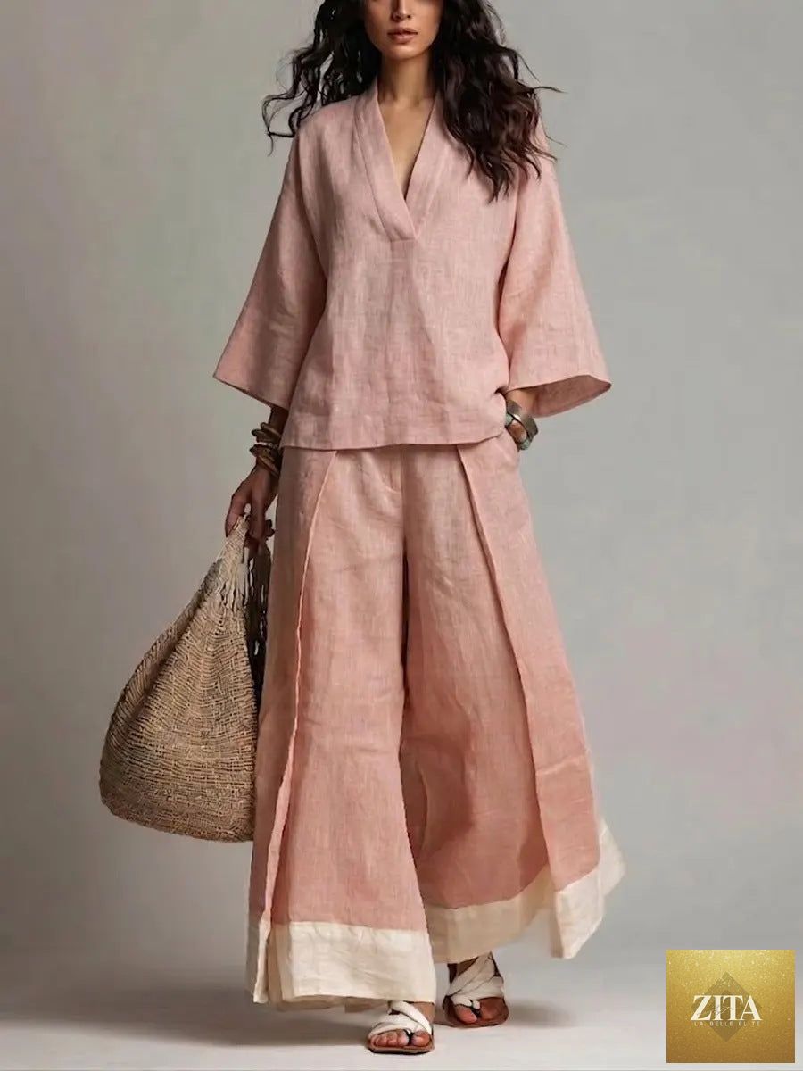 Women's cotton-linen V-neck 3/4 sleeve shirt and wide-leg pants set by FitiqueFit, shown in natural fabric and relaxed fit.