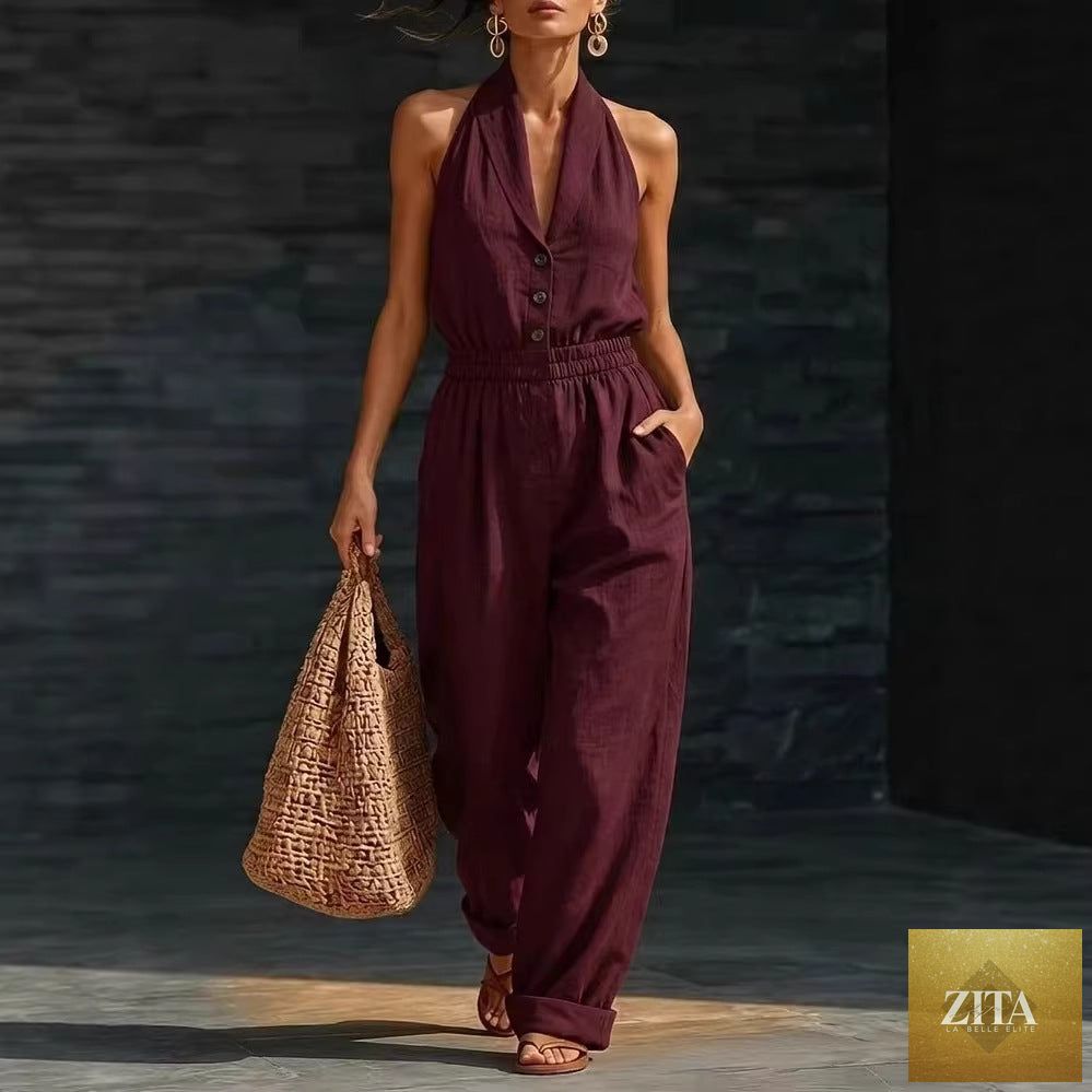 Women's knitted V-neck slim-fit cropped jumpsuit by Zita La Belle Elite, featuring a casual, stylish design with long sleeves and a fitted silhouette.