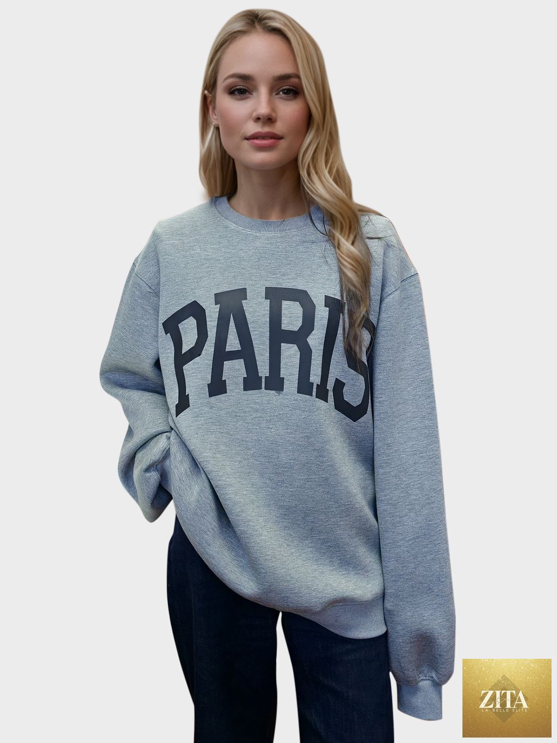 ShopBasicbae Basic Bae PARIS round neck long sleeve air scuba sweatshirt, shown in a casual fit with soft fabric and relaxed style.