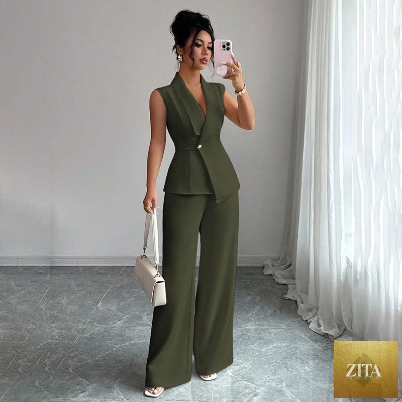 Zita La Belle Elite women's sleeveless blazer and straight-leg pants two-piece casualwear set, shown in a stylish, neutral fabric.