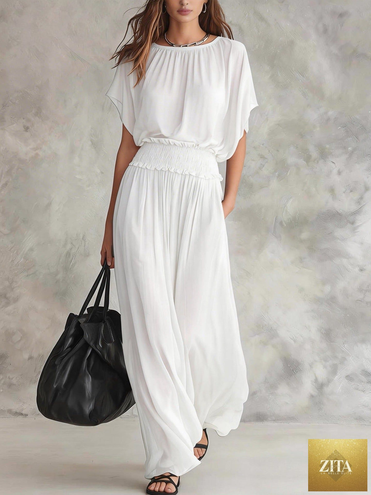 Women's chiffon high-waist maxi dress with ruched detailing from FitiqueFit, flowing and elegant for formal occasions.
