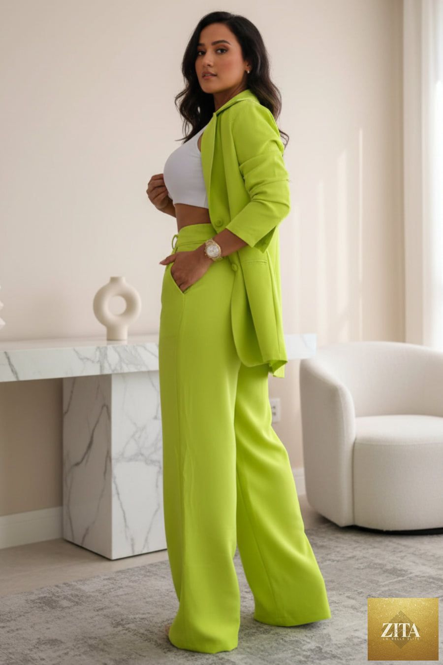 Women's Longline Open-Front Blazer & High-Waist Wide-Leg Trousers Suit Set – 8 Colors