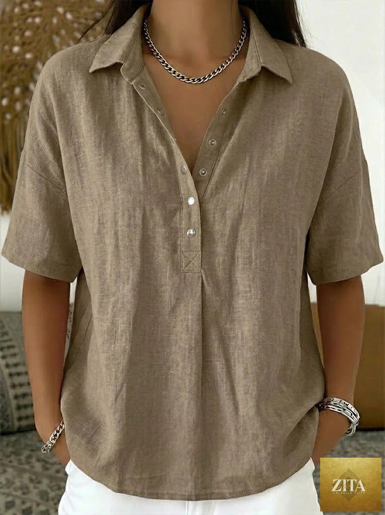 Zita La Belle Elite short sleeve button pullover shirt in solid color, women's top with a classic button-up design.