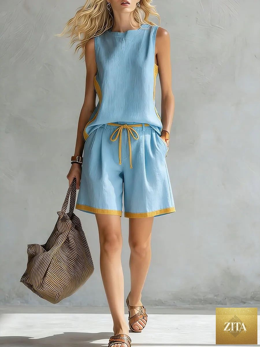Zita La Belle Elite solid color casual vest and shorts set, loose fit, comfortable casualwear for women.