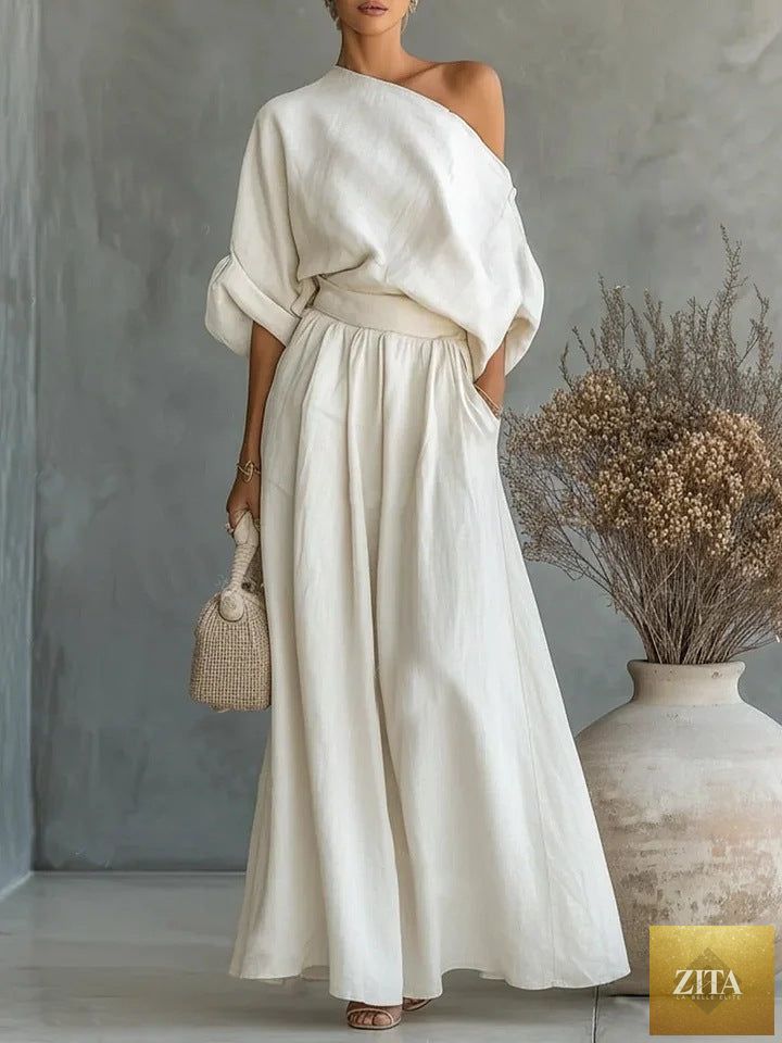 Zita La Belle Elite cropped off-shoulder top and matching pants two-piece casualwear set in various colors, size S–5XL.