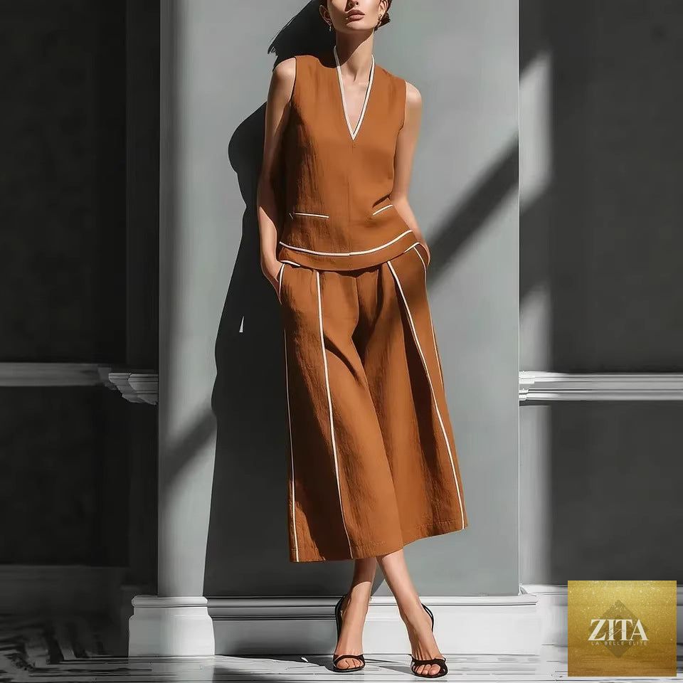 Zita La Belle Elite women's sleeveless linen shirt and cropped pants casual outfit, shown as a coordinated two-piece set.