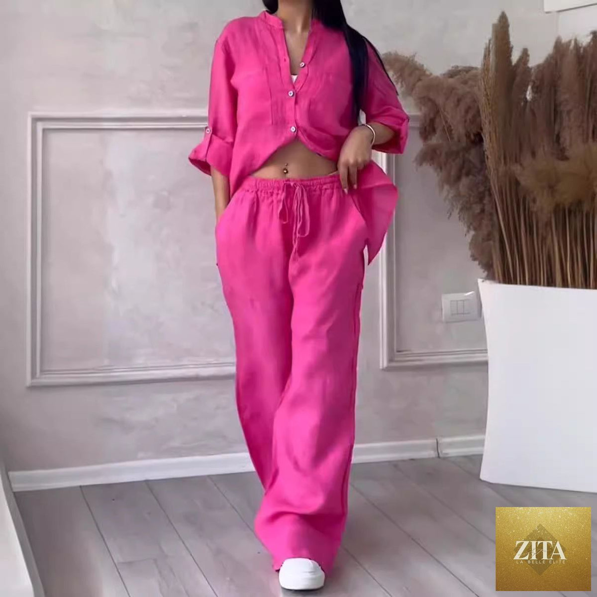 Zita La Belle Elite wide-leg pants and lace-up top two-piece set in solid color, available in 12 sizes from S to 5XL.