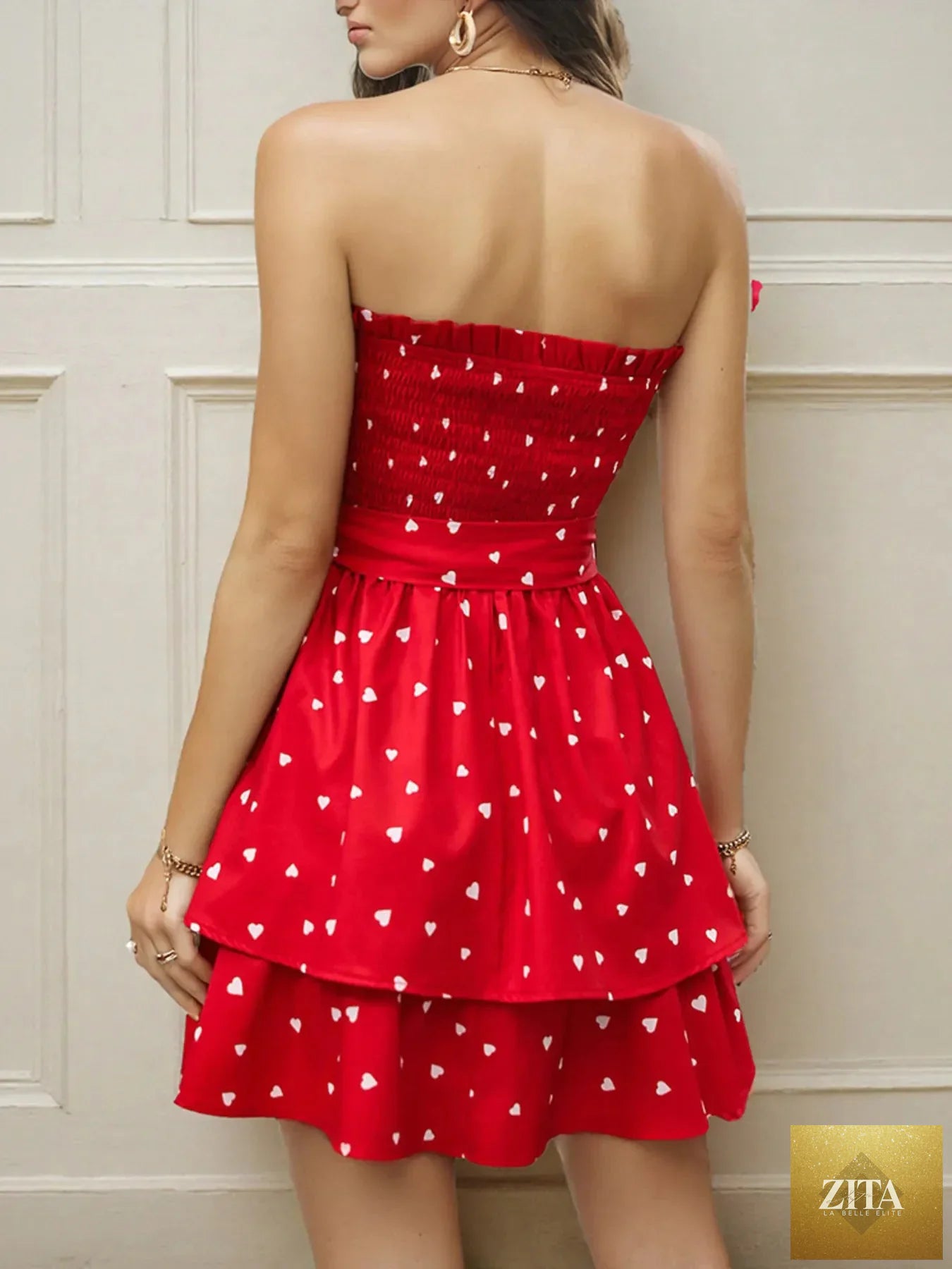 Smocked heart print tube dress from Shopiebay featuring a fitted bodice and playful heart pattern, perfect for casual wear.