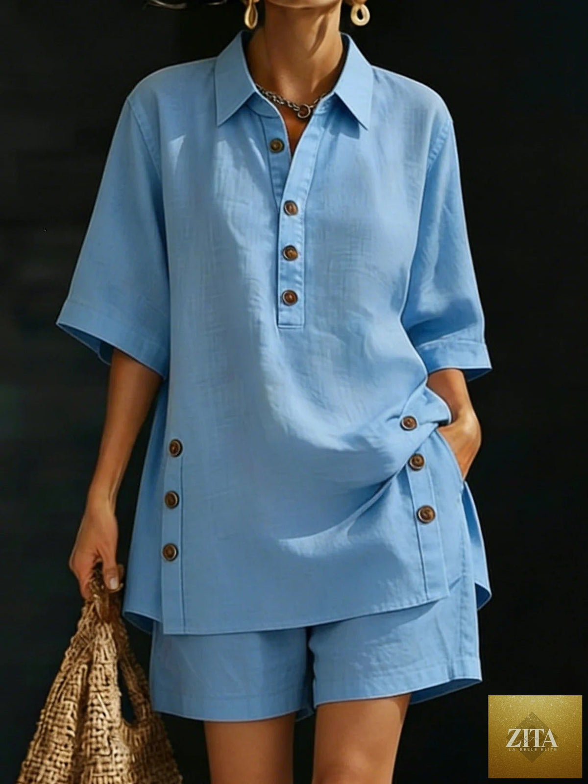 Zita La Belle Elite casual two-piece set with short-sleeve shirt and loose pants in four colors, available in sizes S to 5XL.