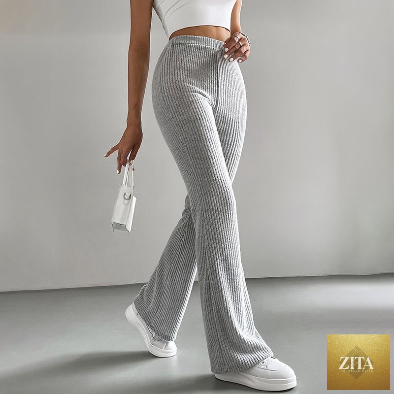 Solid rib-knit pull-on jogger pants for women by FitiqueFit, featuring a comfortable casualwear style with a relaxed fit.