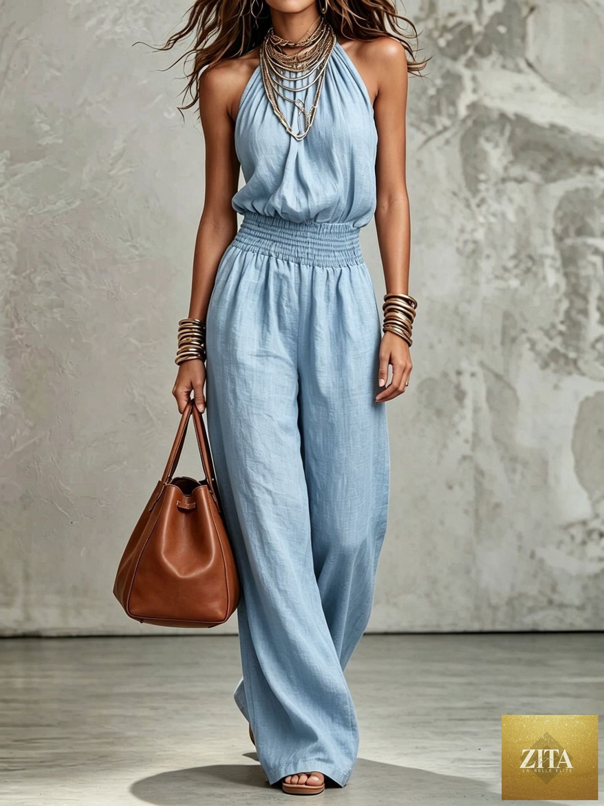 Women's sleeveless backless lace-up halter wide-leg jumpsuit in casualwear style by Zita La Belle Elite, shown from front view.