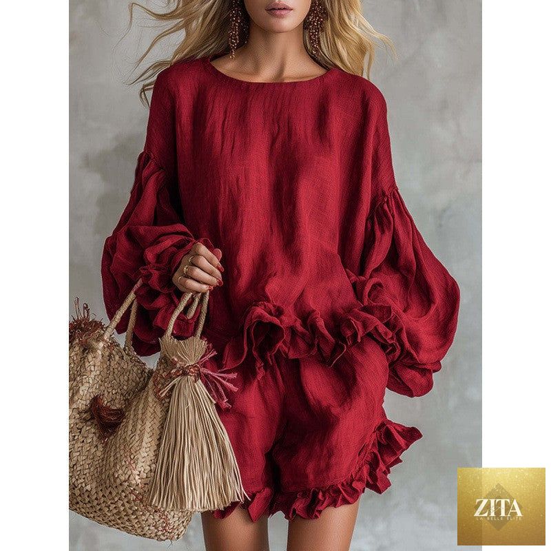 Women’s lantern sleeve top and shorts two-piece casualwear set by Zita La Belle Elite, loose fit, stylish and comfortable for everyday wear.