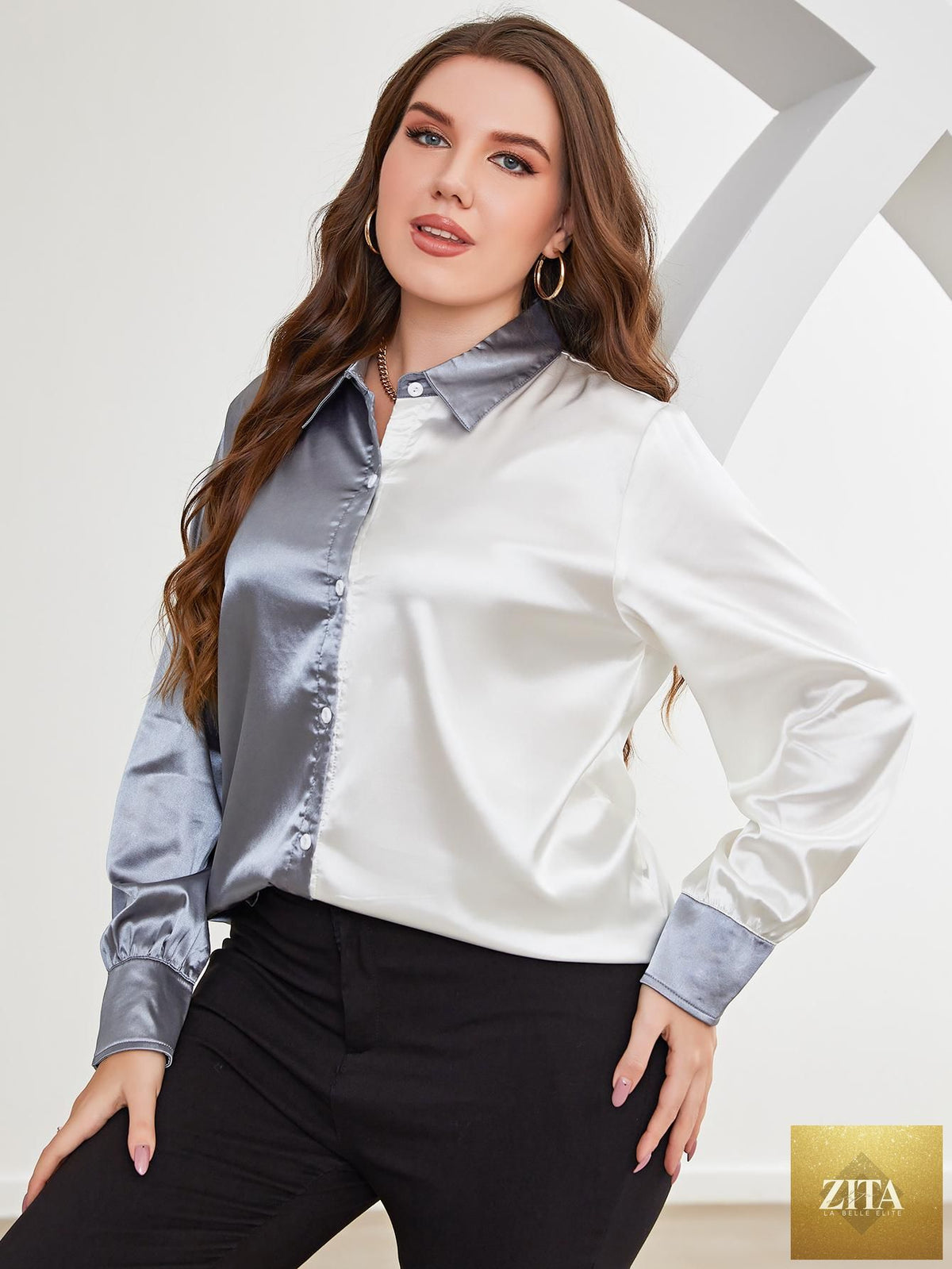 Plus size two-tone long sleeve shirt by Zita La Belle Elite featuring a stylish color-block design and comfortable fit.