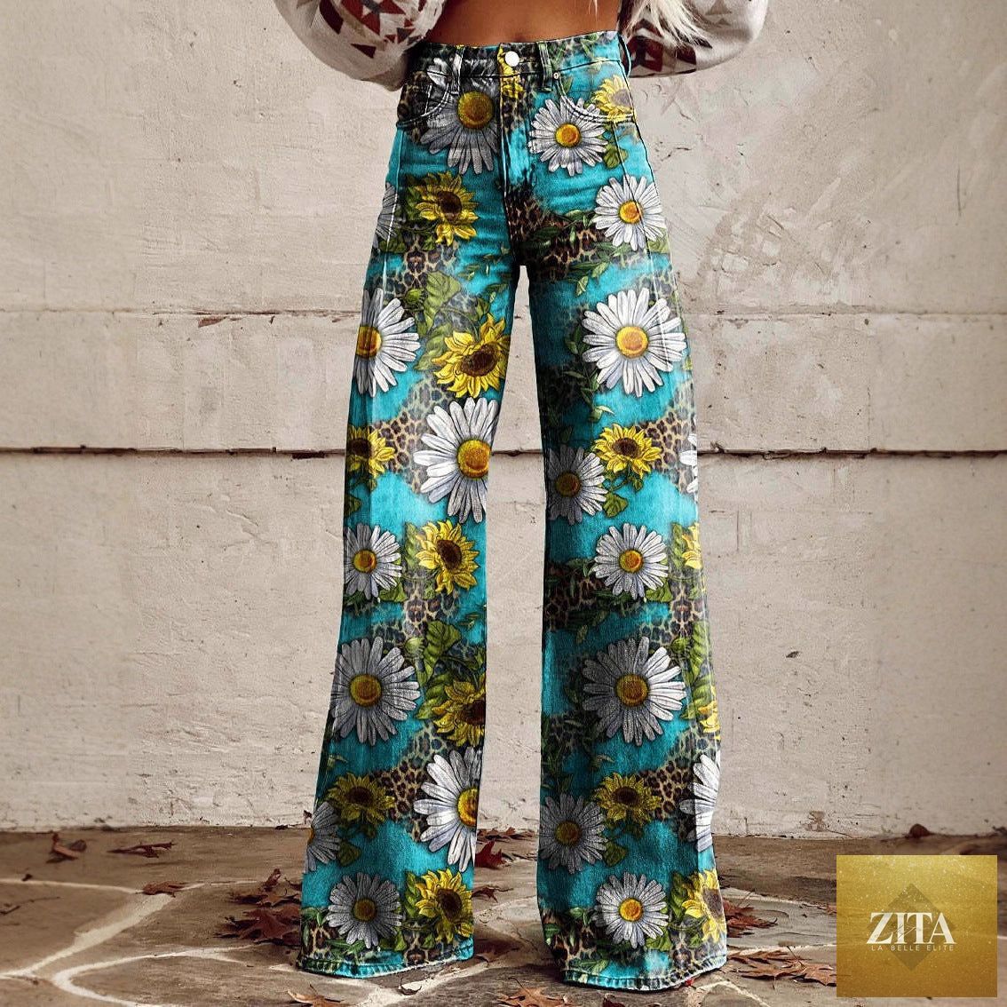 Women's printed flare pants by Zita La Belle Elite, mid-waist, full-length casualwear in plus size with colorful floral pattern.