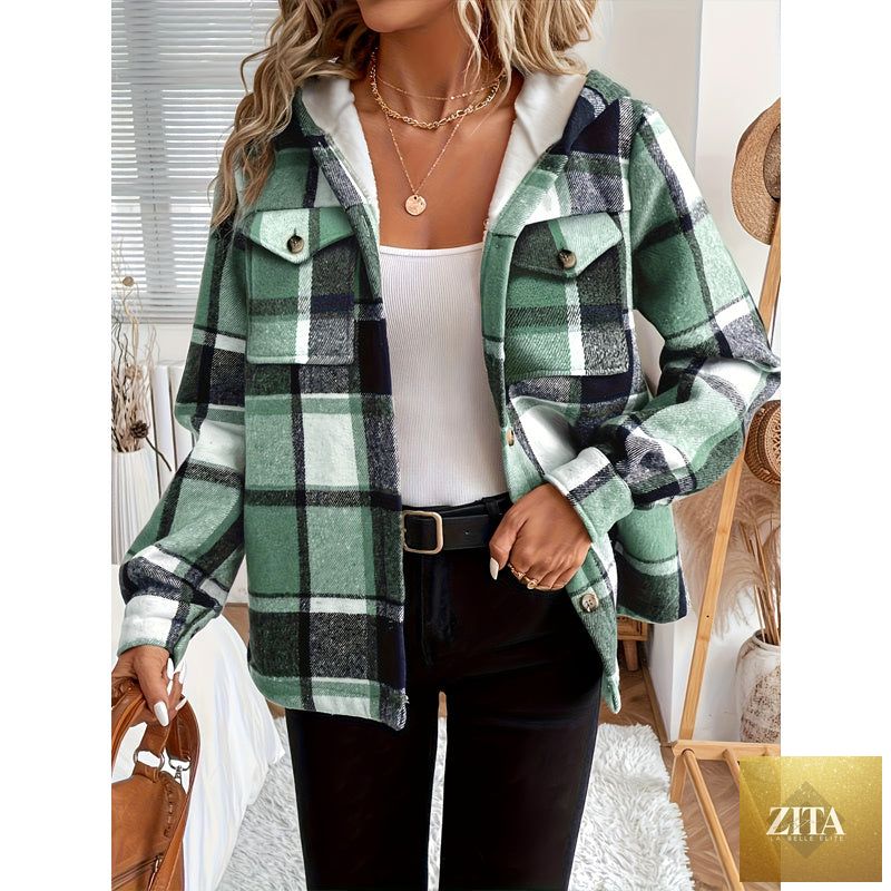 Women's plaid fleece-lined hooded jacket by FitiqueFit, showing the cozy plaid exterior and hooded design.