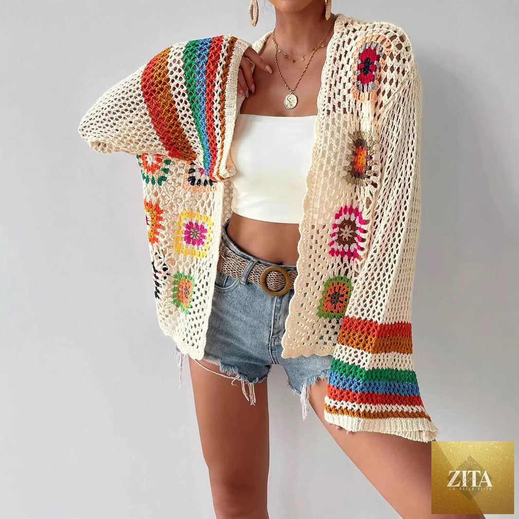 Hand-crocheted floral boho cardigan sweater by FitiqueFit, open-front knit top, casualwear with colorful floral details.