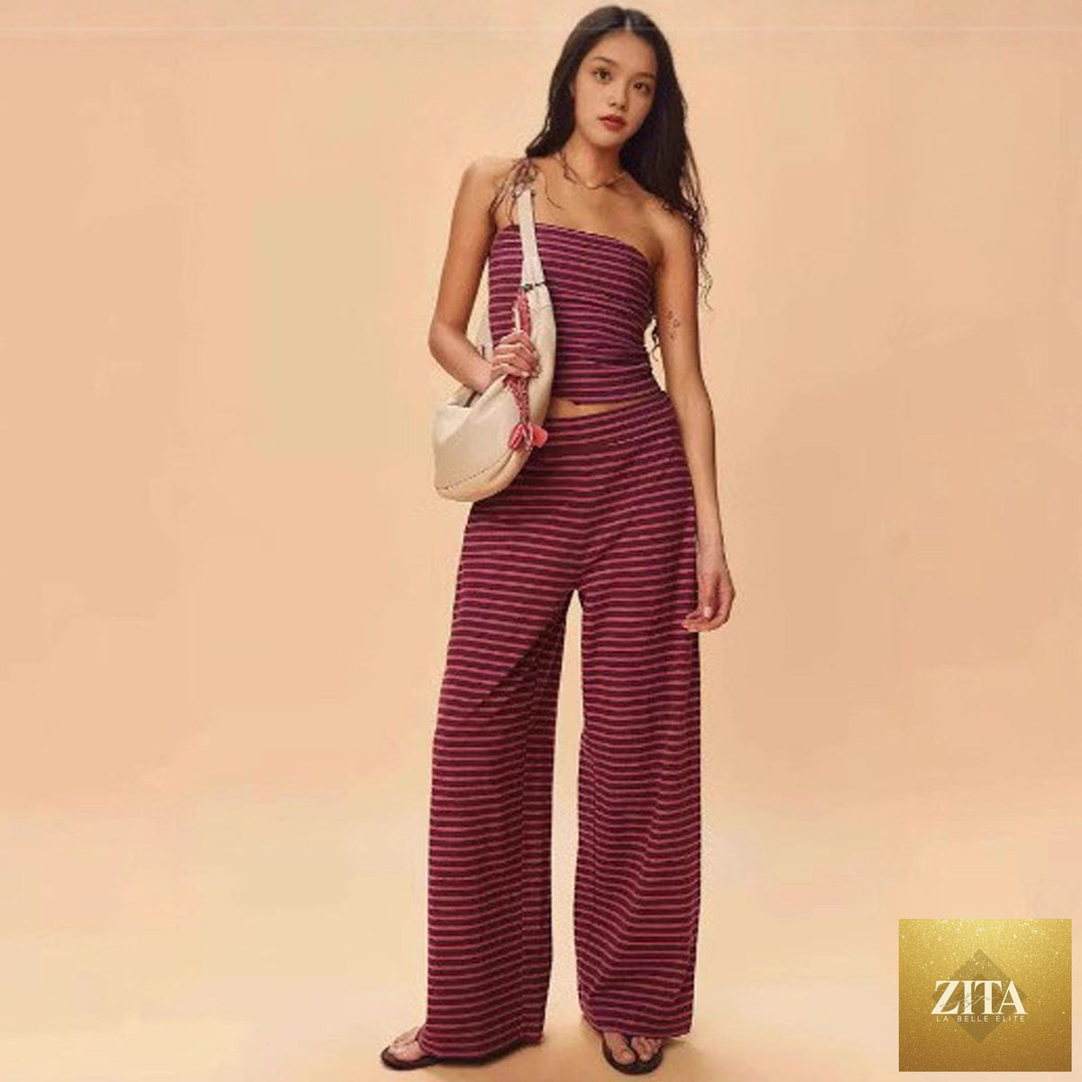 Women's striped tube top and matching pants set by Zita La Belle Elite, casualwear two-piece modal outfit, shown in a stylish fit.