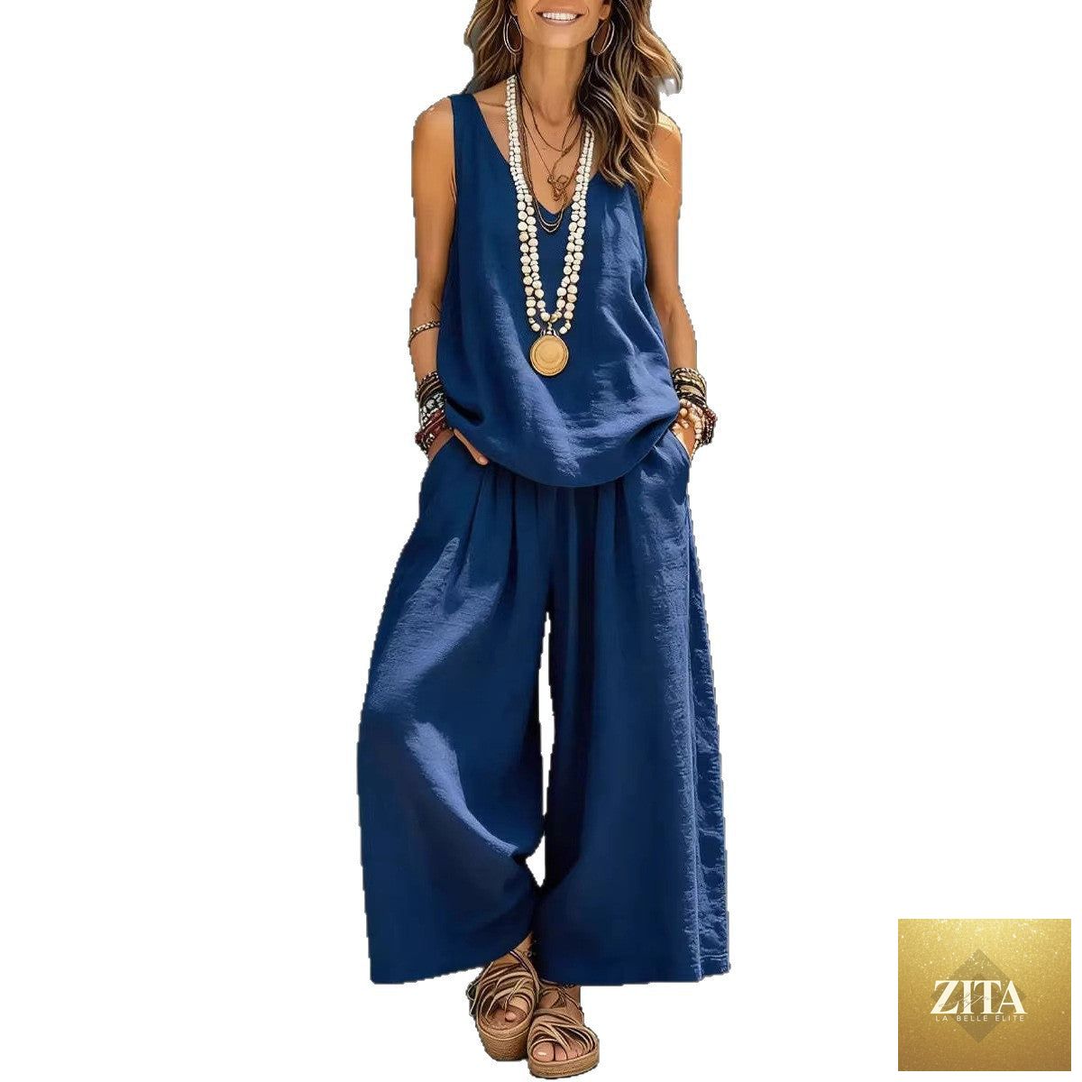 Womens Solid-Colored Casual Sleeveless Tank Top And Wide-Leg Pants Cotton-Linen Set For Daily Wear Holiday Outfit