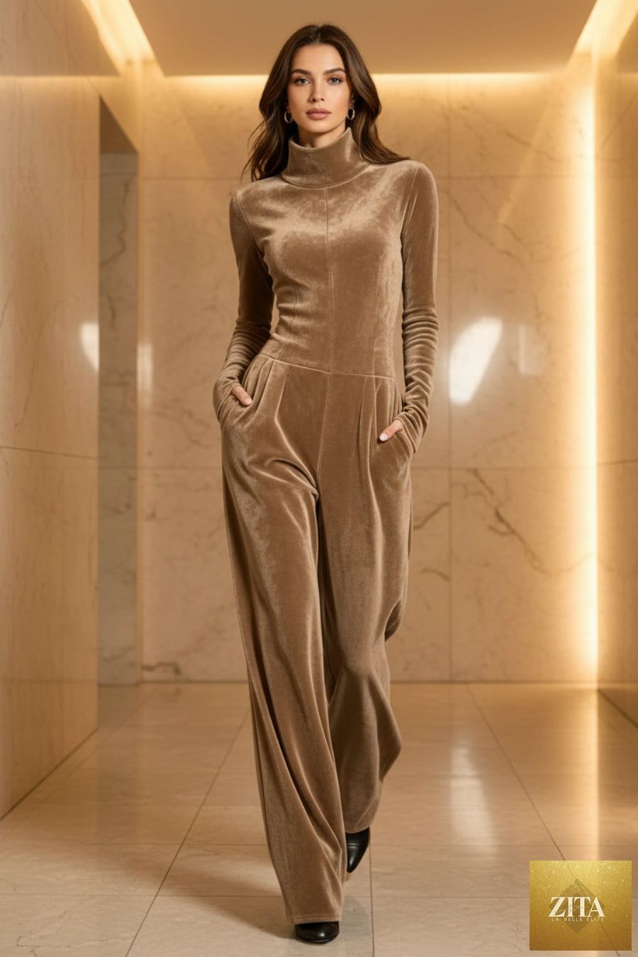 Women's Velvet Mock Turtleneck Chevron-Seam Fitted Bodice Balloon-Leg Jumpsuit