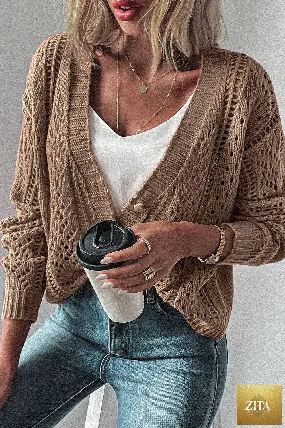 Dark khaki open-knit cardigan sweater with drop shoulder design, made from a cotton-acrylic blend, by Femstylo.