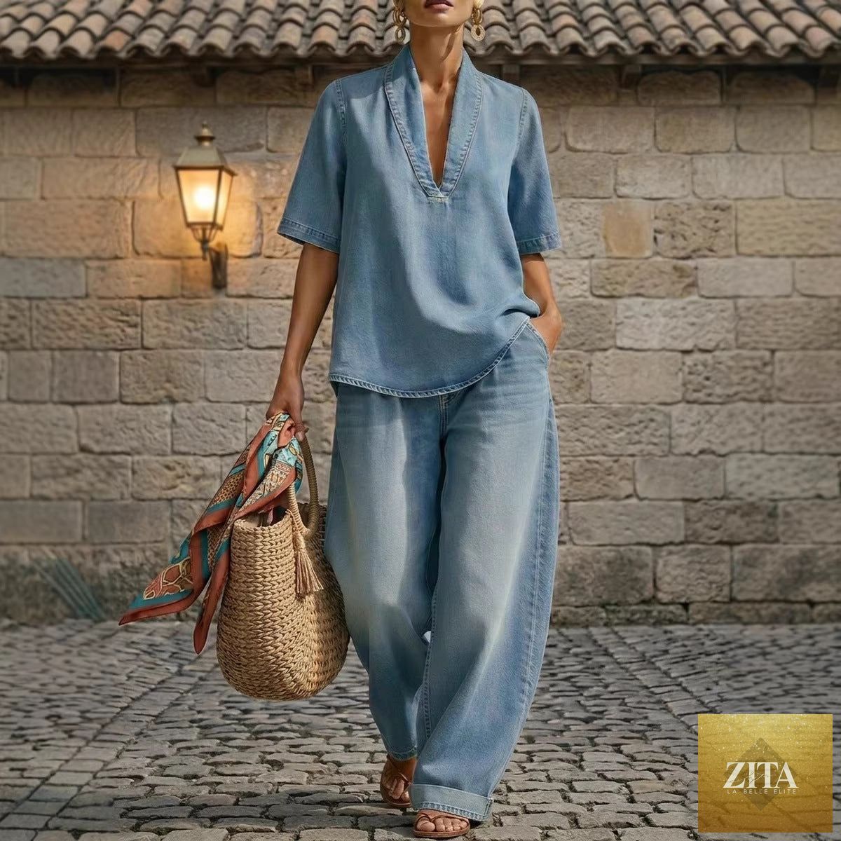 Zita La Belle Elite retro washed denim v-neck top and wide-leg pants set in three colors, casualwear for sizes S to 3XL.