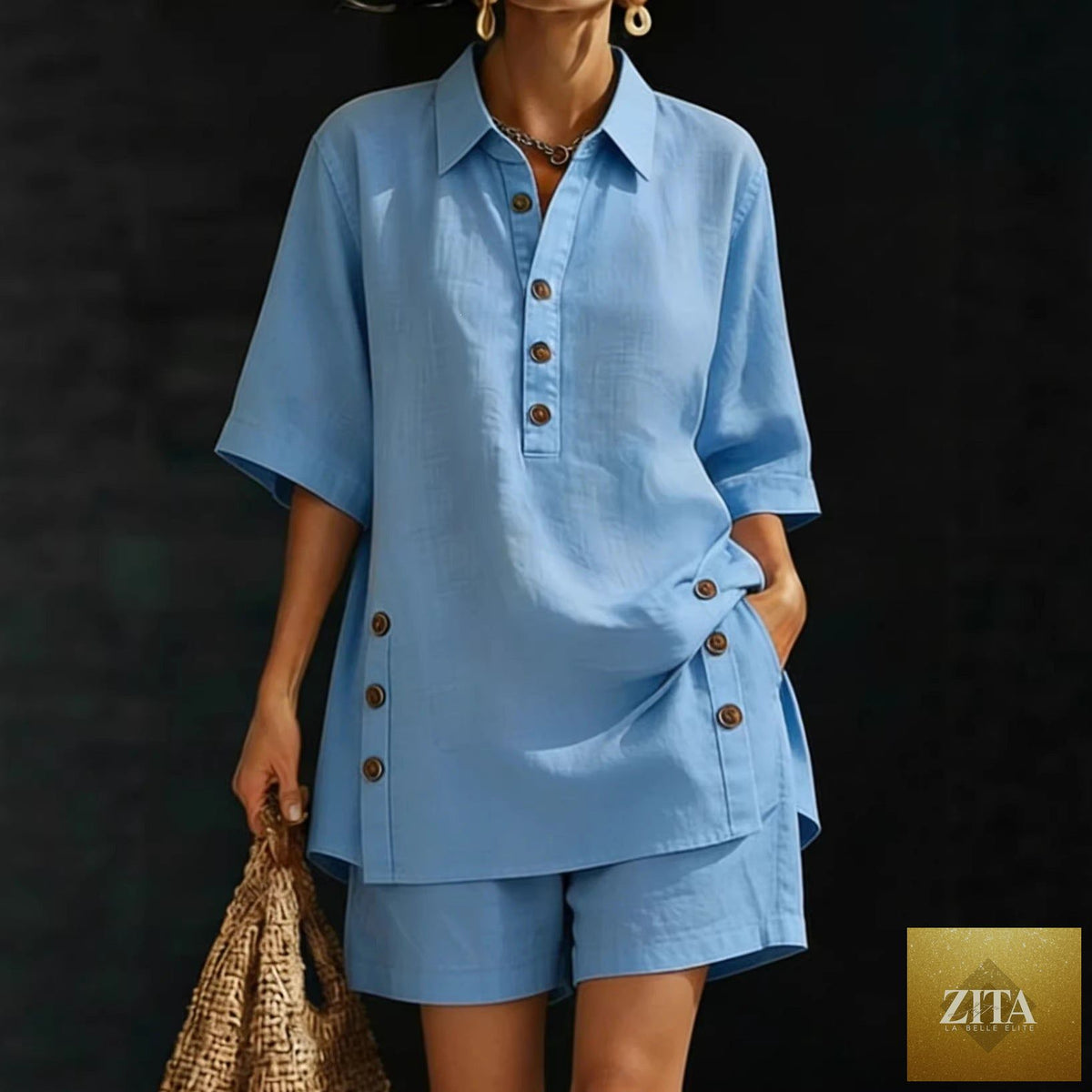 Zita La Belle Elite casual short-sleeve shirt and loose pants two-piece set in four colors, available in sizes S to 5XL.