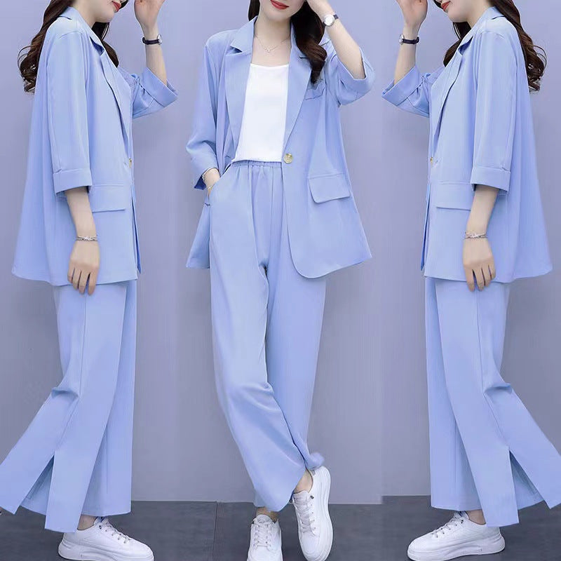 FitiqueFit long sleeve casual suit jacket and pants two-piece set in three colors, available in M–6XL, displayed on a mannequin.
