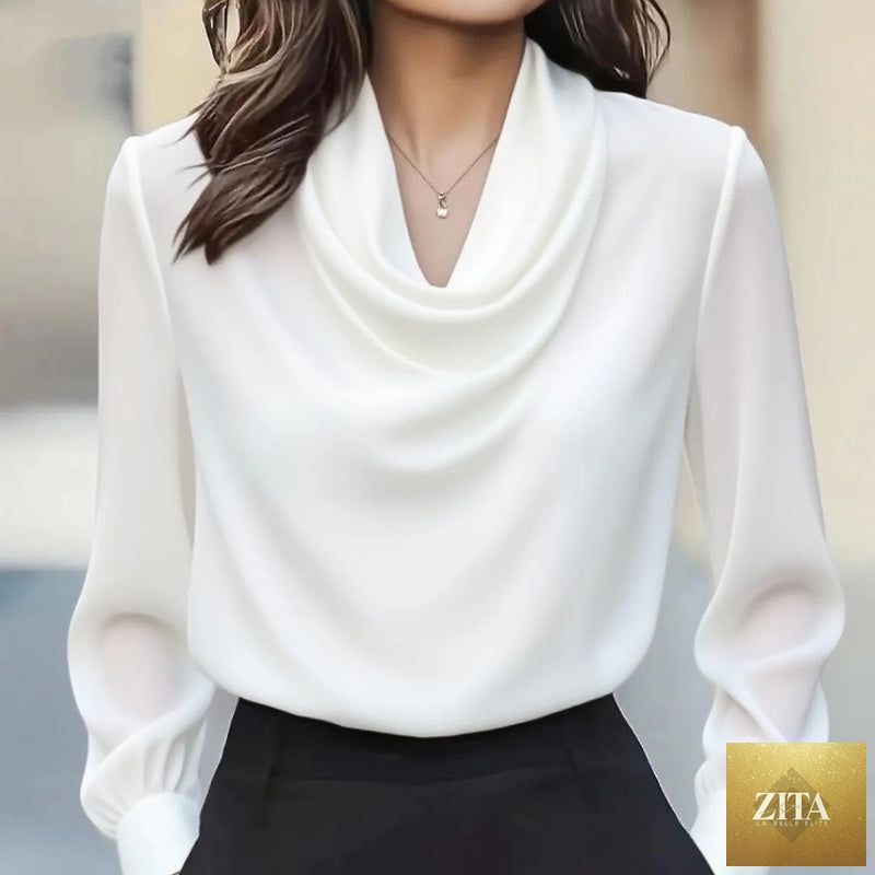 Women's elegant draped neck blouse from FitiqueFit, casualwear style with flowing fabric and stylish neckline.