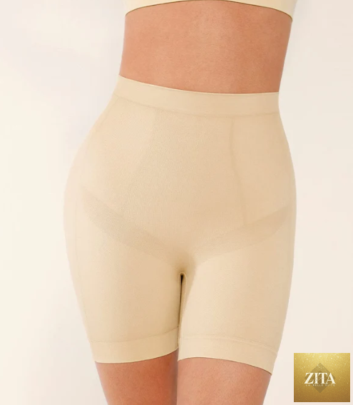Seamless form-fitting mid-rise tummy control shorts from My Store, designed to shape and smooth the waist and hips.