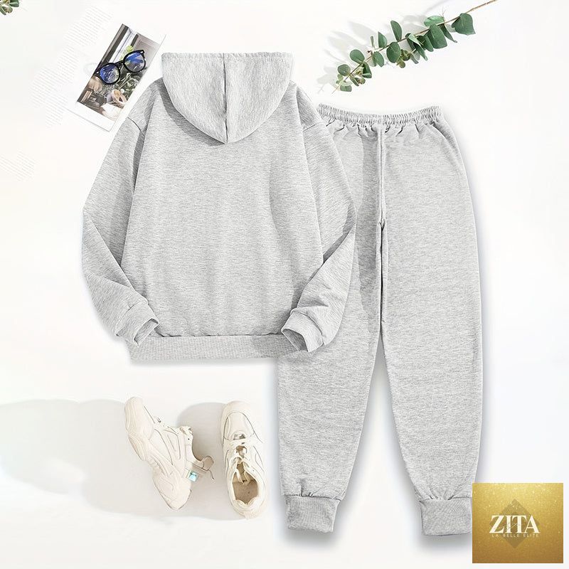 Women's solid 2-piece hoodie set with letter print, featuring a pocket and comfortable fit from FitiqueFit.