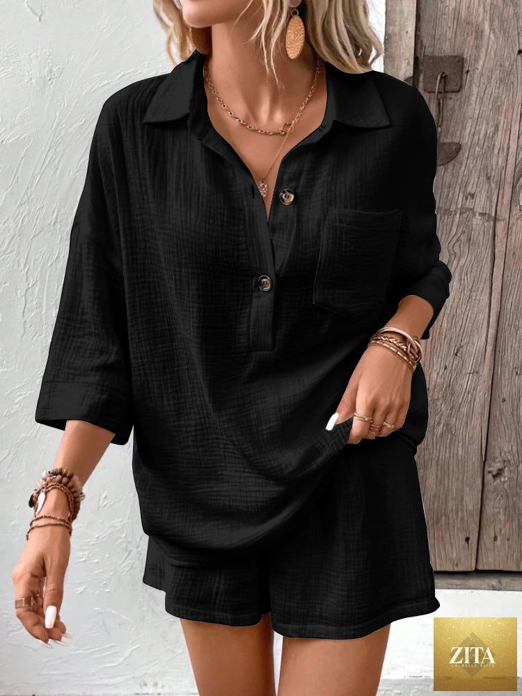 Zita La Belle Elite women's casual two-piece set with lapel collar shirt and matching shorts, stylish and comfortable summer outfit.