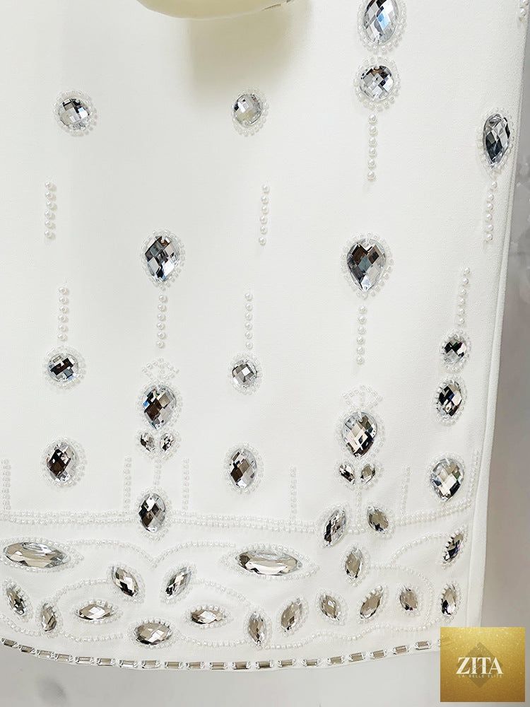 Zita La Belle Elite heavy industry beads diamond-inlaid short top and long skirt outfit, detailed with sparkling embellishments.