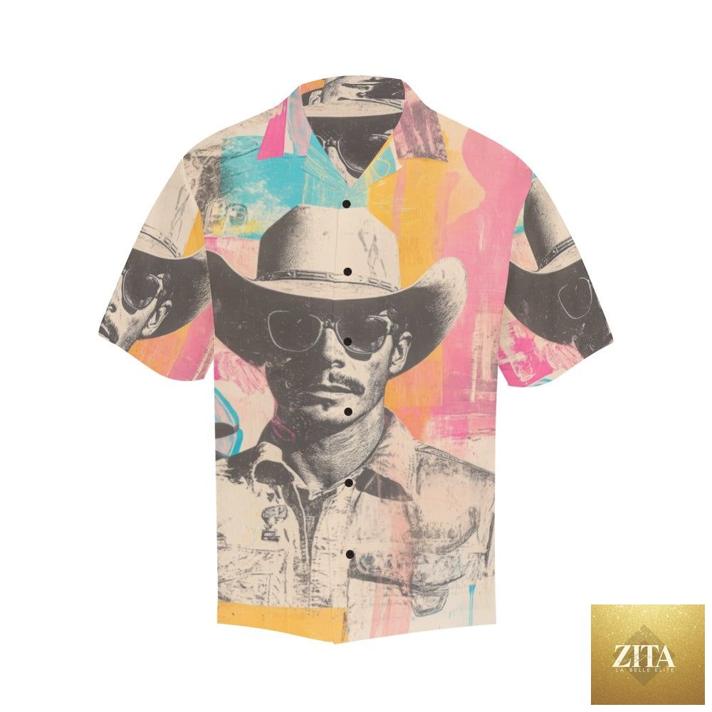 Men's Retro Pop Western Cool Cowboy camp shirt by Baha Ranch Western Wear, featuring bold western-inspired design and comfortable fit.