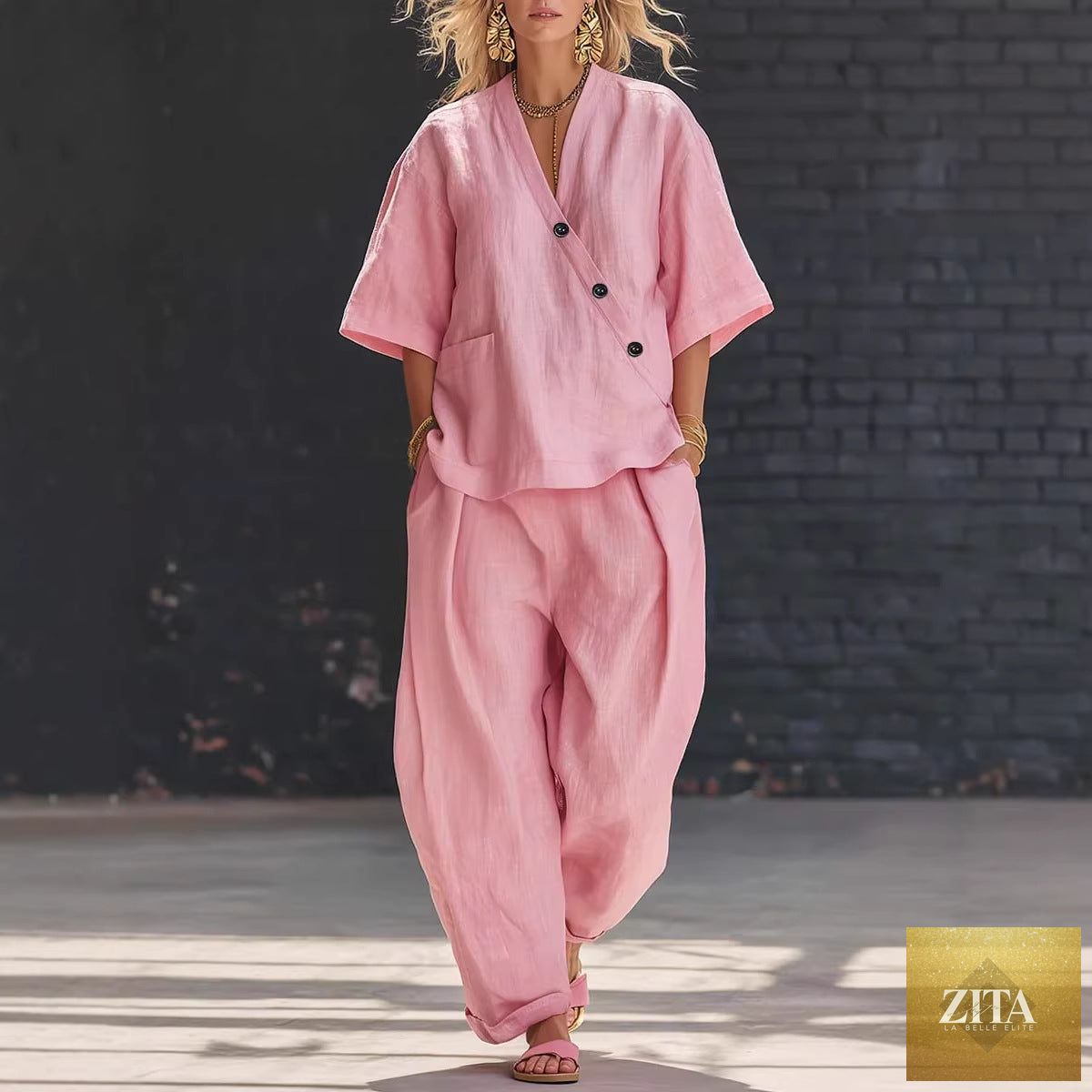 Zita La Belle Elite V-neck short sleeve top and high-waist trousers two-piece set, stylish and comfortable for casual wear